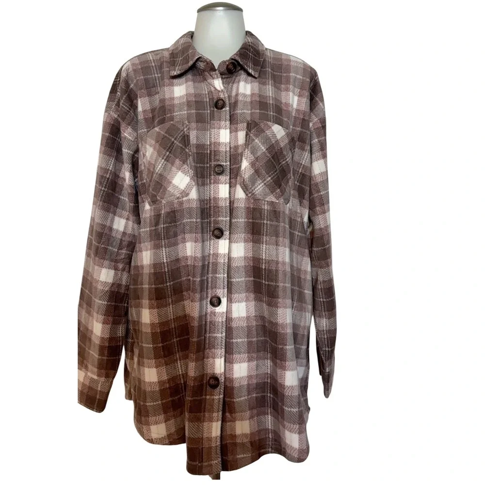 Maurices Plaid Flannel Shirt Jacket Womens Brown White Long Sleeve Button Up Lg‎